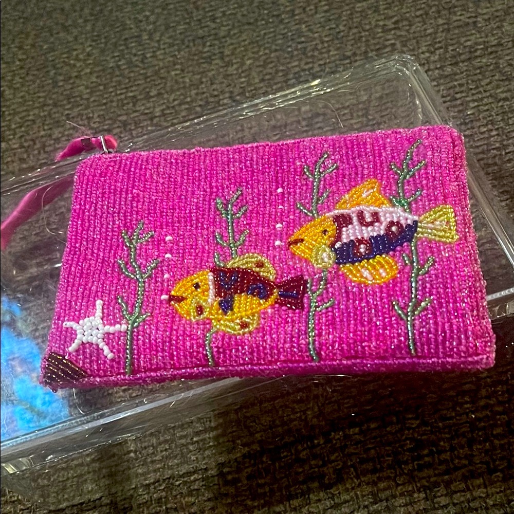 Pink Fish Beaded Pouch